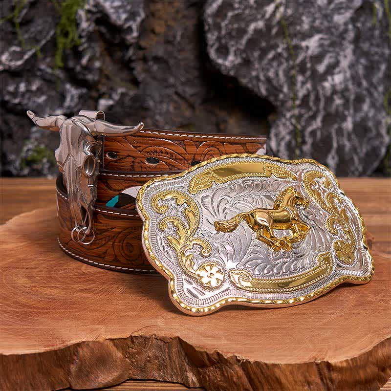 Set di ciondoli fai da te con fibbia per cintura a forma di toro longhorn e cavallo dorato - Cavallo - Cintura di piume marroni - 40 - image 0