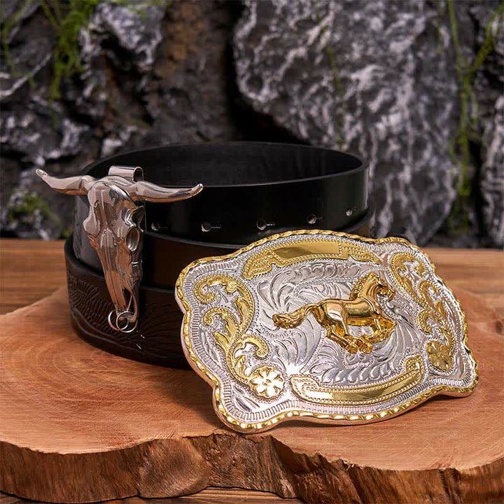 Set di ciondoli fai da te con fibbia per cintura a forma di toro longhorn e cavallo dorato - Cavallo - Cintura con aquila in rilievo nera - 42 - image 3
