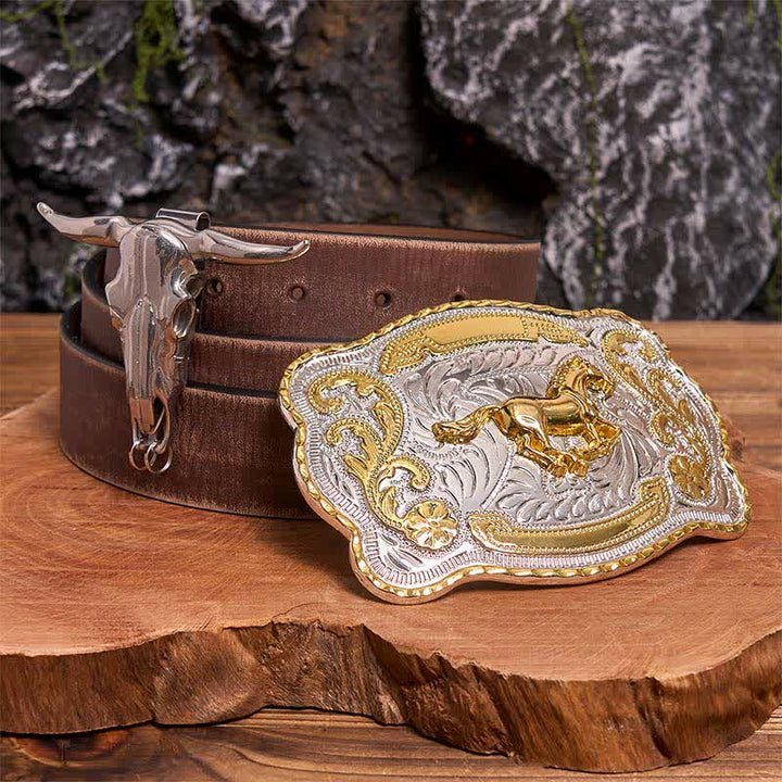 Set di ciondoli fai da te con fibbia per cintura a forma di toro longhorn e cavallo dorato - Cavallo - Cintura marrone anticata - 42 - image 6