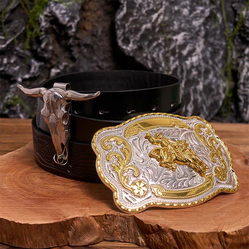 Set di ciondoli fai da te con fibbia per cintura da equitazione a forma di toro dalle corna lunghe - Cavallo - Cintura con aquila in rilievo nera - 42 - image 3