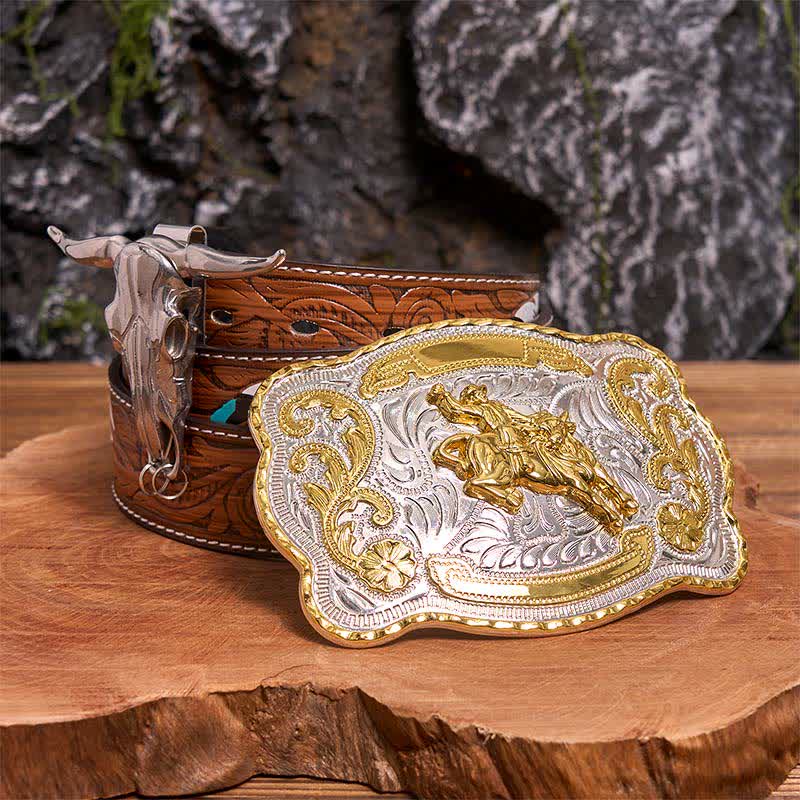 Set di ciondoli fai da te con fibbia per cintura da equitazione a forma di toro dalle corna lunghe - Cavallo - Cintura di piume marroni - 40 - image 0