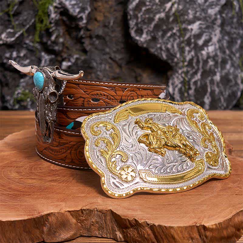 Set di ciondoli a forma di toro dalle lunghe corna color turchese con fibbia per cintura fai da te per equitazione - Equitazione - Cintura di piume marroni - 40 - image 0
