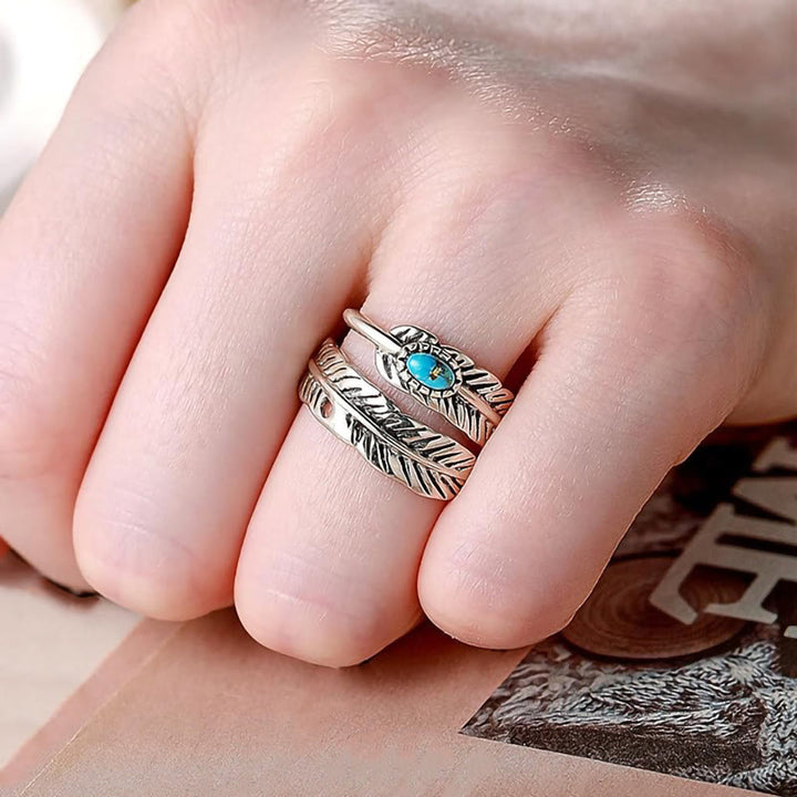 Anello in argento con piuma turchese intarsiata in stile bohémien - image 1