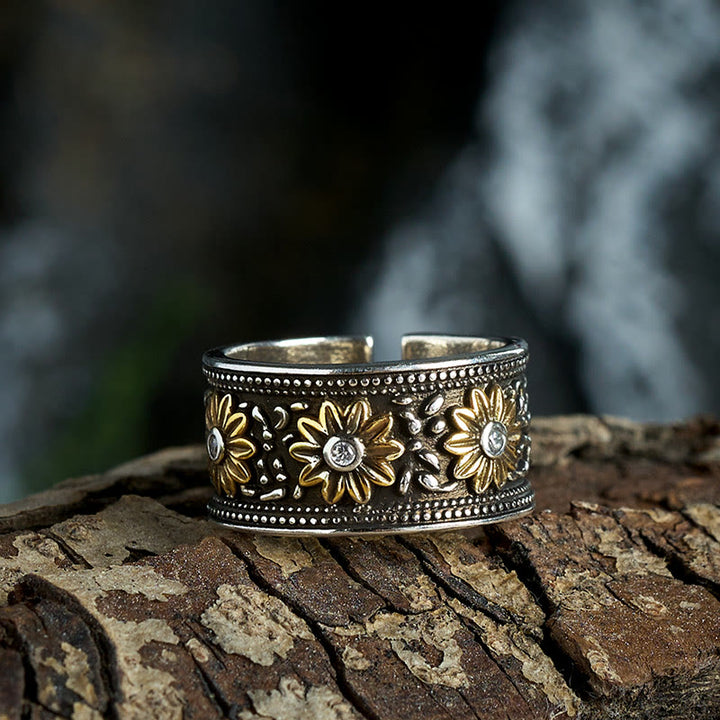 Anello regolabile con fiore tinto nero in argento retrò - image 3