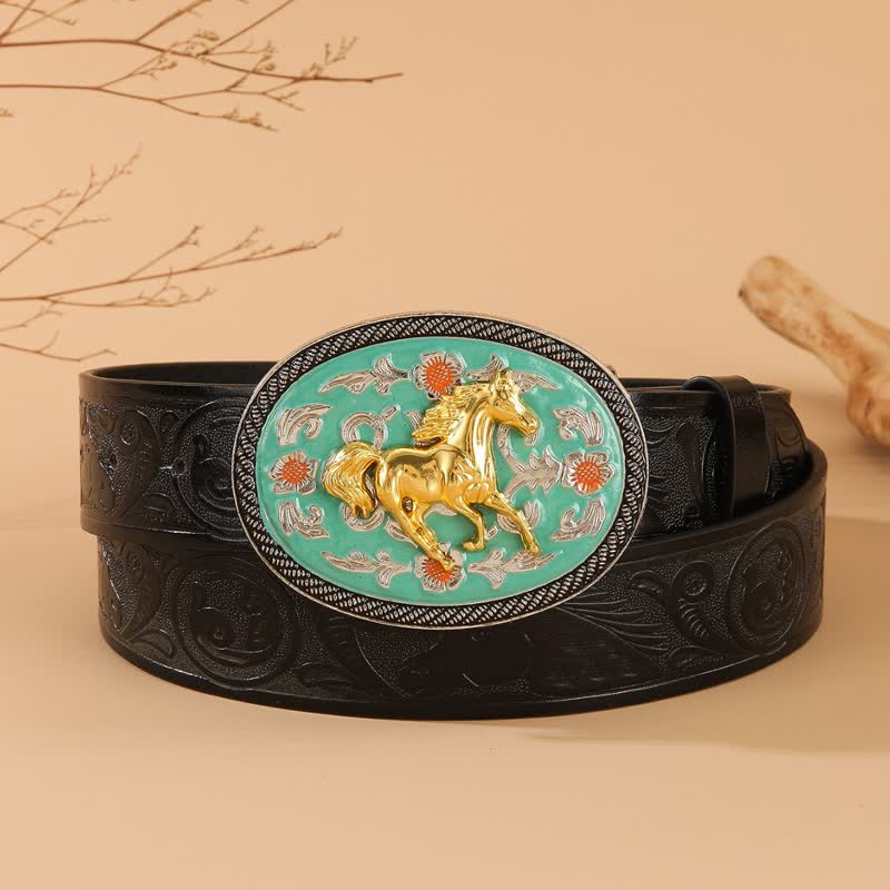 Cintura in pelle goffrata nera con fibbia turchese a tema cavallo - Turchese e oro - 40 - image 0