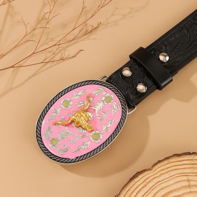 Cintura in pelle goffrata con fibbia rosa a tema toro - image 1