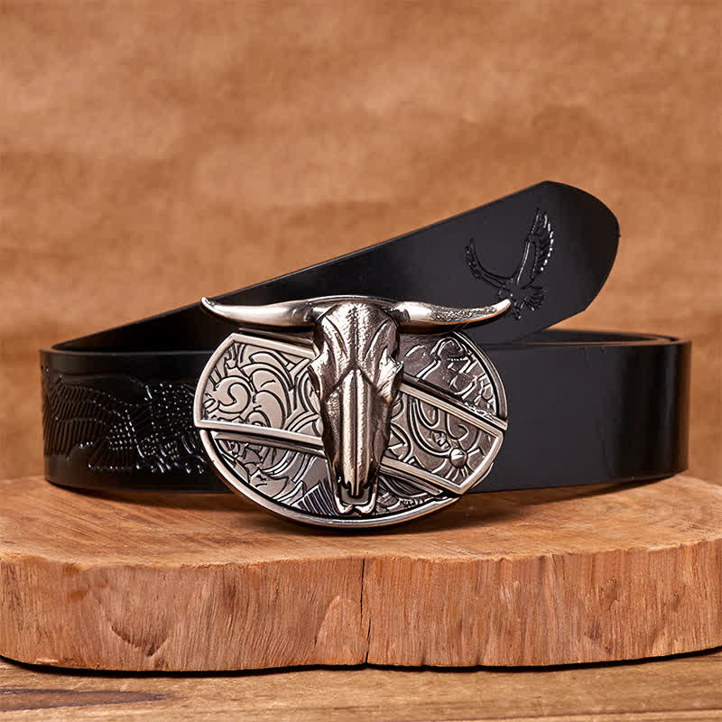 Cintura in pelle con fibbia vintage western in argento con coltello nascosto fai da te a forma di testa di toro - Cintura con aquila in rilievo nera - 42 - image 4