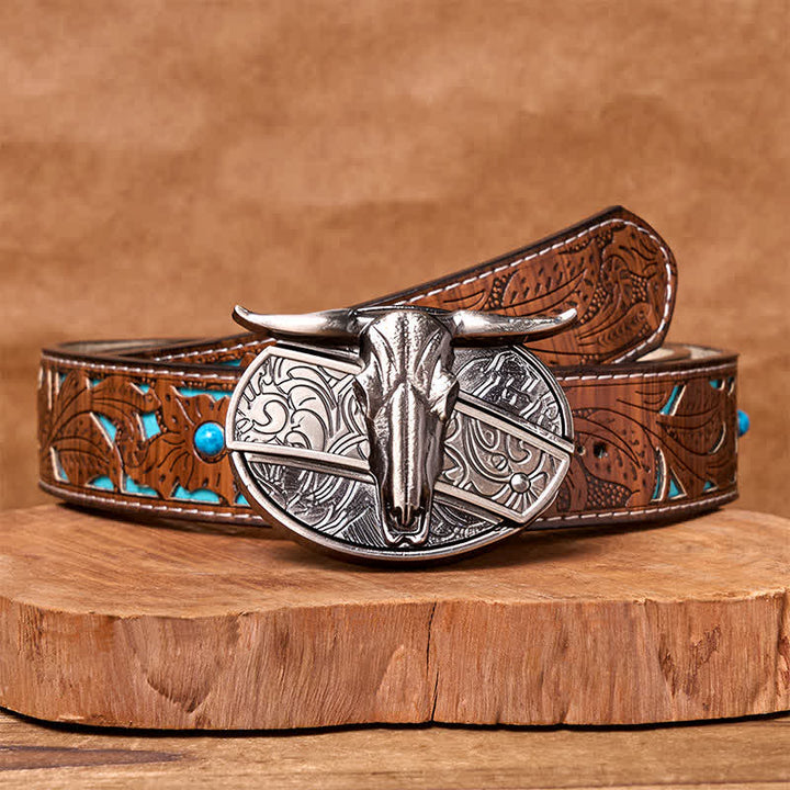 Cintura in pelle con fibbia vintage western in argento con coltello nascosto fai da te a forma di testa di toro - Cintura intagliata turchese - 42 - image 5