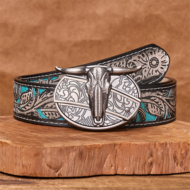 Cintura in pelle con fibbia vintage western in argento con coltello nascosto fai da te a forma di testa di toro - Cintura floreale grigia - 42 - image 10