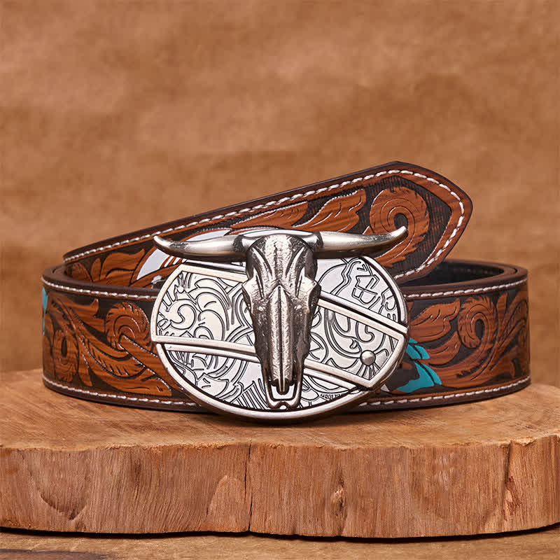 Cintura in pelle con fibbia vintage western in argento con coltello nascosto fai da te a forma di testa di toro - Cintura di piume marroni - 40 - image 9