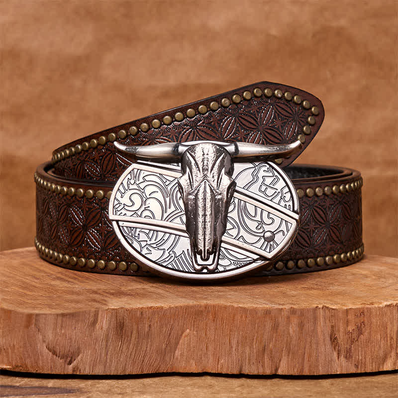 Cintura in pelle con fibbia vintage western in argento con coltello nascosto fai da te a forma di testa di toro - Cintura con rivetti marroni - 42 - image 6