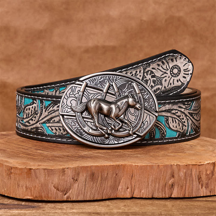 Cintura in pelle con coltello pieghevole nascosto fai da te da uomo a forma di cavallo al galoppo - Cavallo al galoppo - Cintura floreale grigia - 42 - image 13