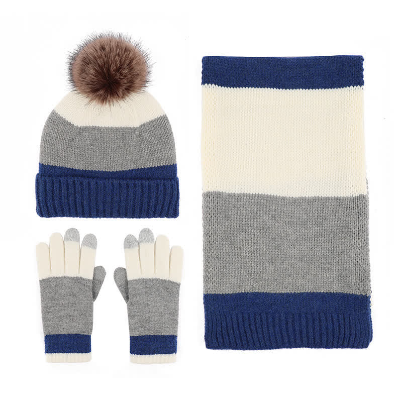 Set di 3 cappelli caldi, sciarpe e guanti a blocchi di colore triplo - image 3