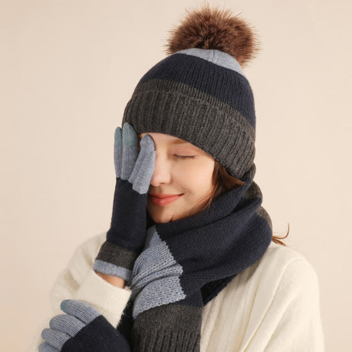 Set di 3 cappelli caldi, sciarpe e guanti a blocchi di colore triplo - image 11