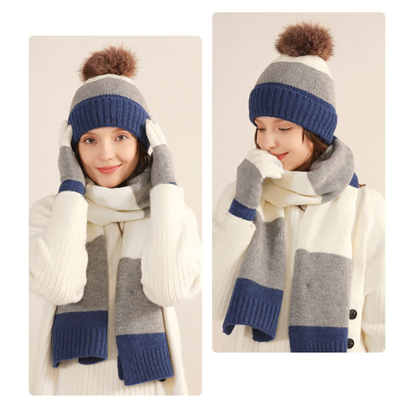 Set di 3 cappelli caldi, sciarpe e guanti a blocchi di colore triplo - image 2