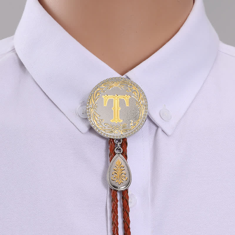 Cravatta Bolo in pelle marrone con iniziale e ciondolo a forma di lacrima - Oro - T - image 22