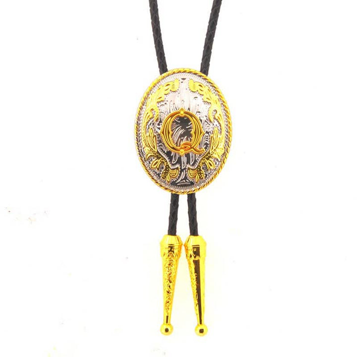 Cravatta Bolo in pelle con iniziale ovale bicolore oro e argento - Oro - Q - image 17