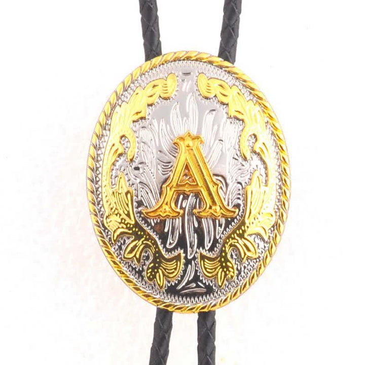 Cravatta Bolo in pelle con iniziale ovale bicolore oro e argento - Oro - A - image 3