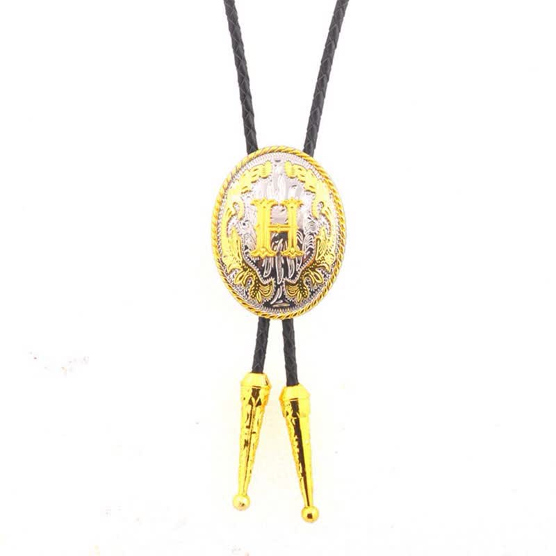 Cravatta Bolo in pelle con iniziale ovale bicolore oro e argento - Oro - H - image 9
