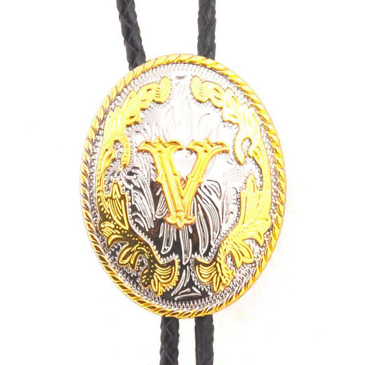 Cravatta Bolo in pelle con iniziale ovale bicolore oro e argento - Oro - V - image 22