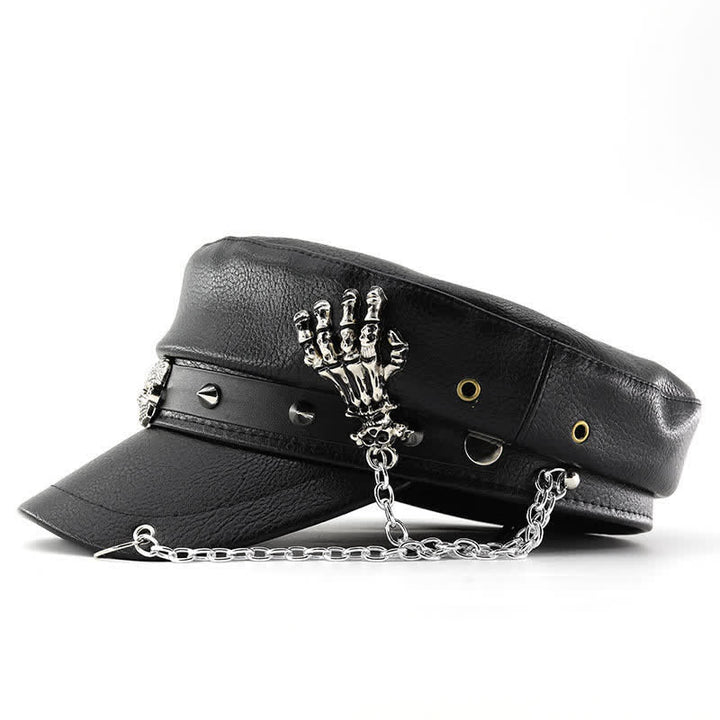 Cappello basco in pelle con catena a mano, teschio e scheletro in stile punk - image 2