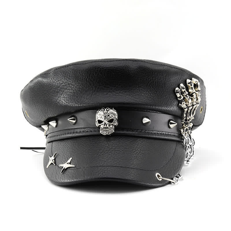 Cappello basco in pelle con catena a mano, teschio e scheletro in stile punk - image 1