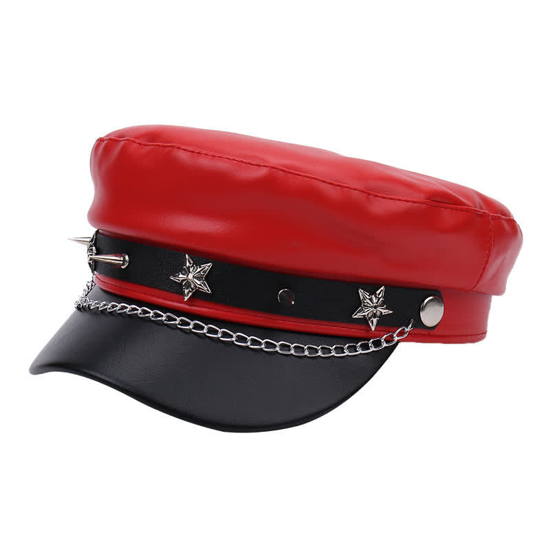 Cappello basco in pelle bicolore con borchie a stella e catena - Rosso - M (22"-22 7/8") - image 8
