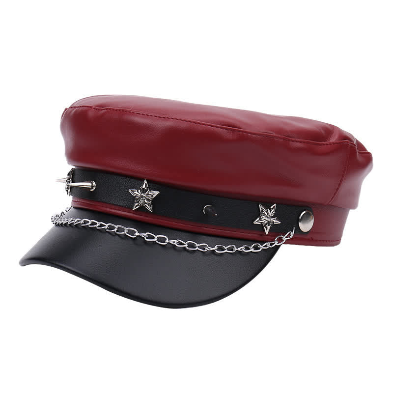 Cappello basco in pelle bicolore con borchie a stella e catena - Borgogna - M (22"-22 7/8") - image 11