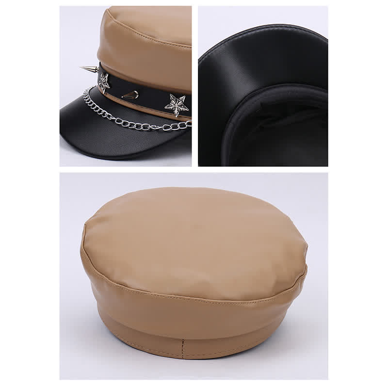 Cappello basco in pelle bicolore con borchie a stella e catena - image 4