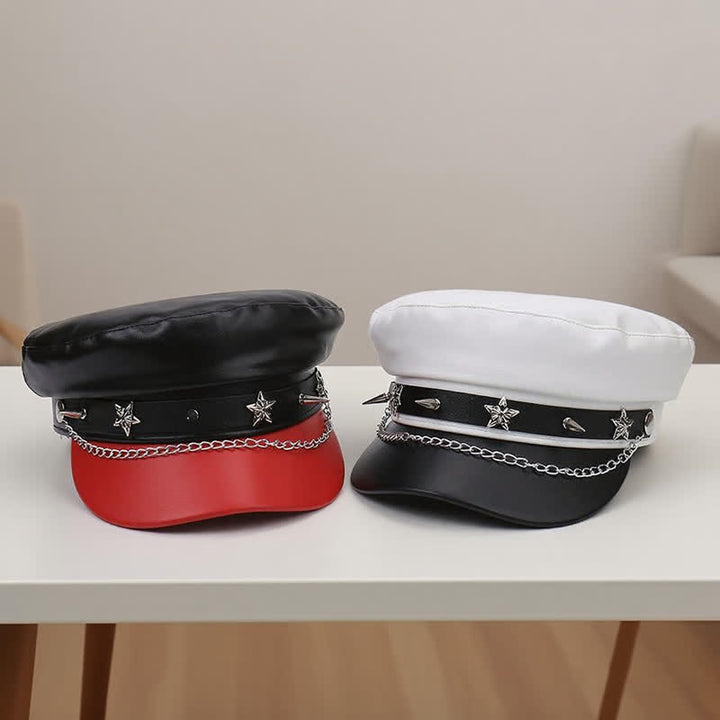 Cappello basco in pelle bicolore con borchie a stella e catena - image 5