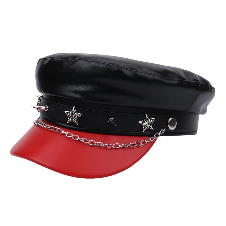 Cappello basco in pelle bicolore con borchie a stella e catena - Nero - M (22"-22 7/8") - image 9