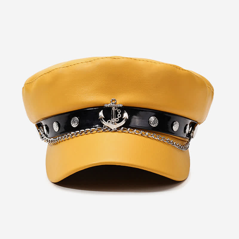 Cappello basco in pelle con borchie di ancora in stile militare e catena - image 1
