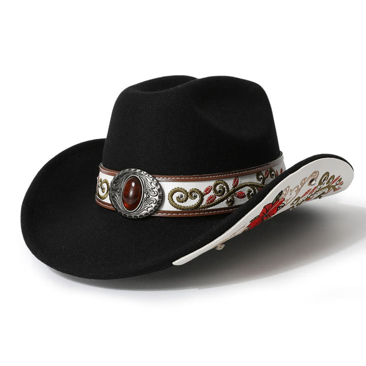 Cappello da cowboy da uomo con cintura e visiera color rubino ricamata a fiori - Nero - M (22"-22 7/8") - image 17