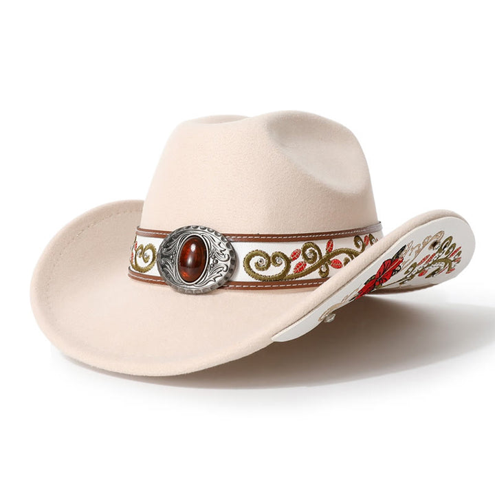 Cappello da cowboy da uomo con cintura e visiera color rubino ricamata a fiori - Beige - M (22"-22 7/8") - image 14