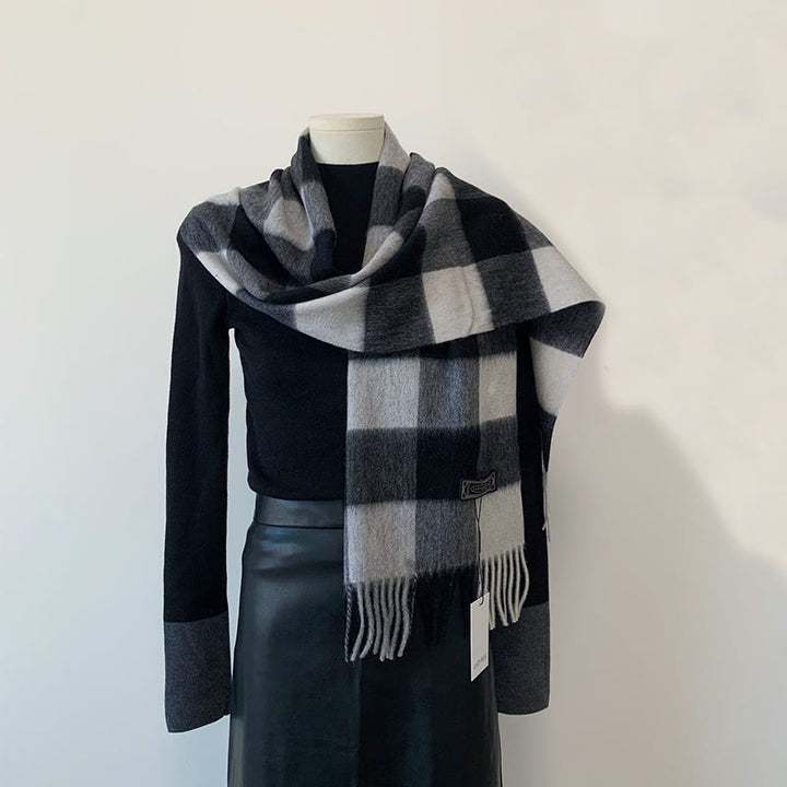 Sciarpa invernale da donna in lana scozzese vintage, calda e calda - Nero - image 2