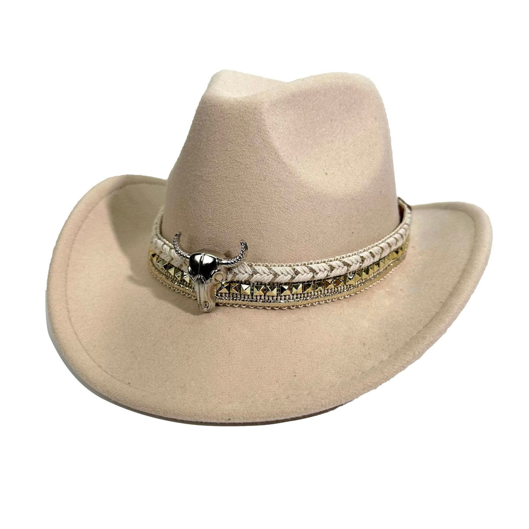 Cappello da cowboy da uomo in stile western con cintura e tesa a forma di testa di toro in metallo - Beige - M (22"-22 7/8") - image 9