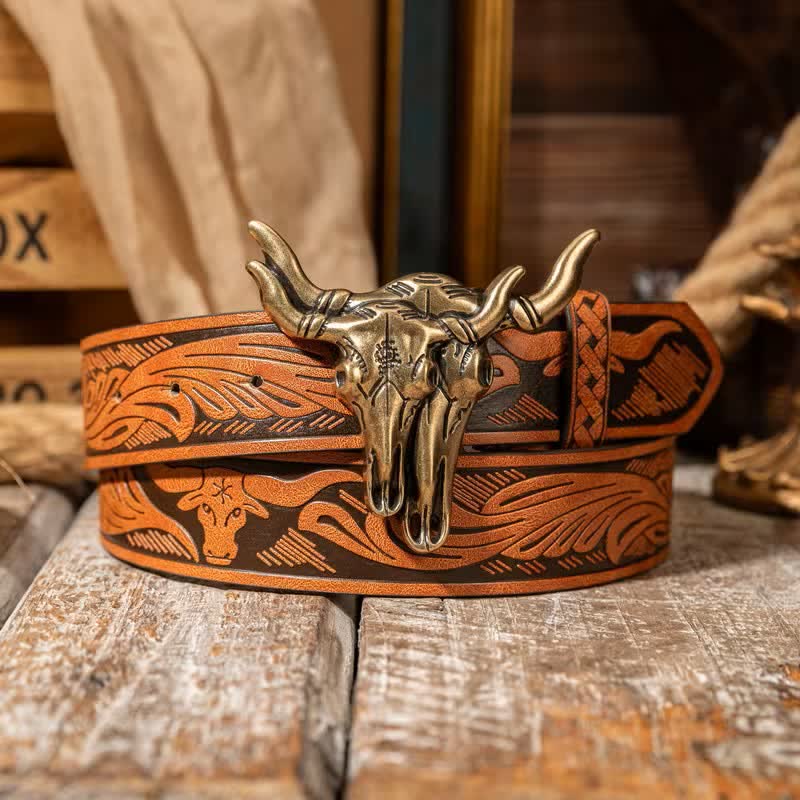 Cintura in pelle goffrata con doppia testa di toro in stile western - Arancione / Bronzo - 38 - image 0
