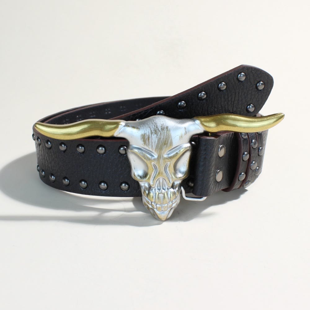 Cintura da uomo in stile western con fibbia a forma di testa di toro con corna lunghe dorate - Testa di toro dalle corna lunghe dorate - Rivetti neri - 34 - image 0