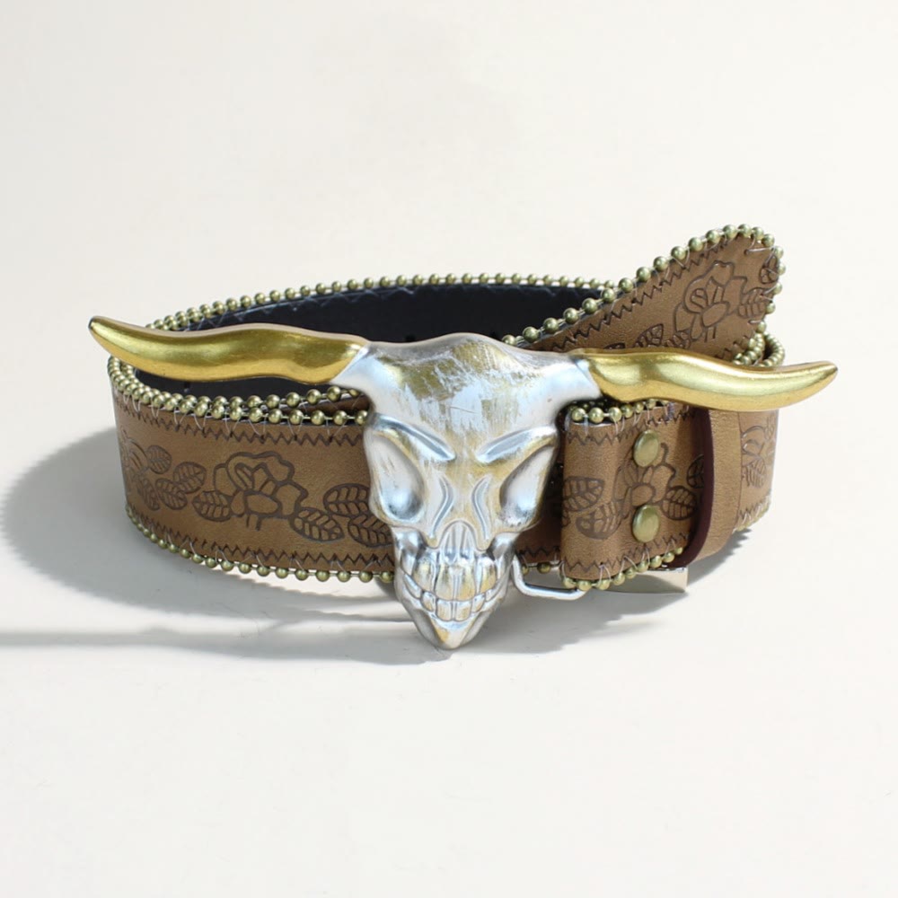Cintura da uomo in stile western con fibbia a forma di testa di toro con corna lunghe dorate - Testa di toro dalle corna lunghe dorate - Stampa marrone - 34 - image 4