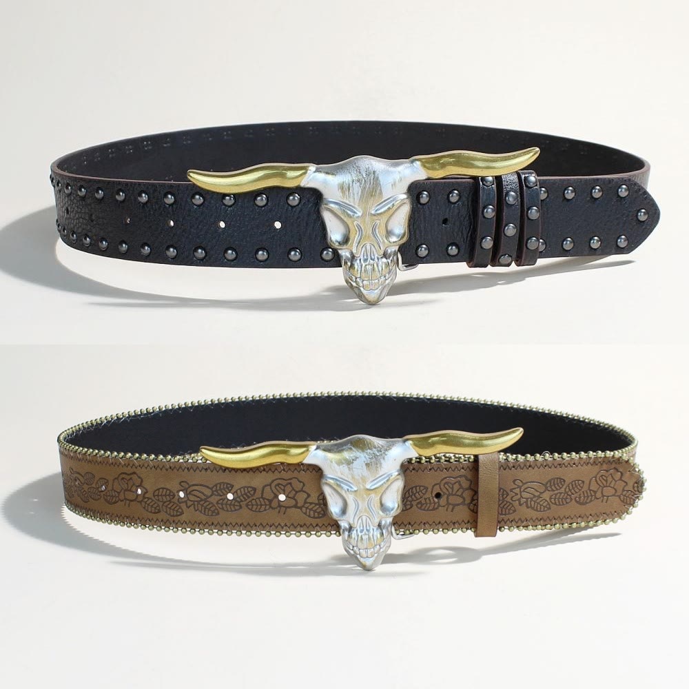 Cintura da uomo in stile western con fibbia a forma di testa di toro con corna lunghe dorate - image 8