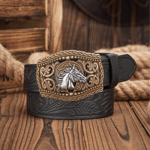Cintura da uomo in argento con fibbia cava intagliata a forma di testa di cavallo - Testa di cavallo d'argento - Nero - 38 - image 1
