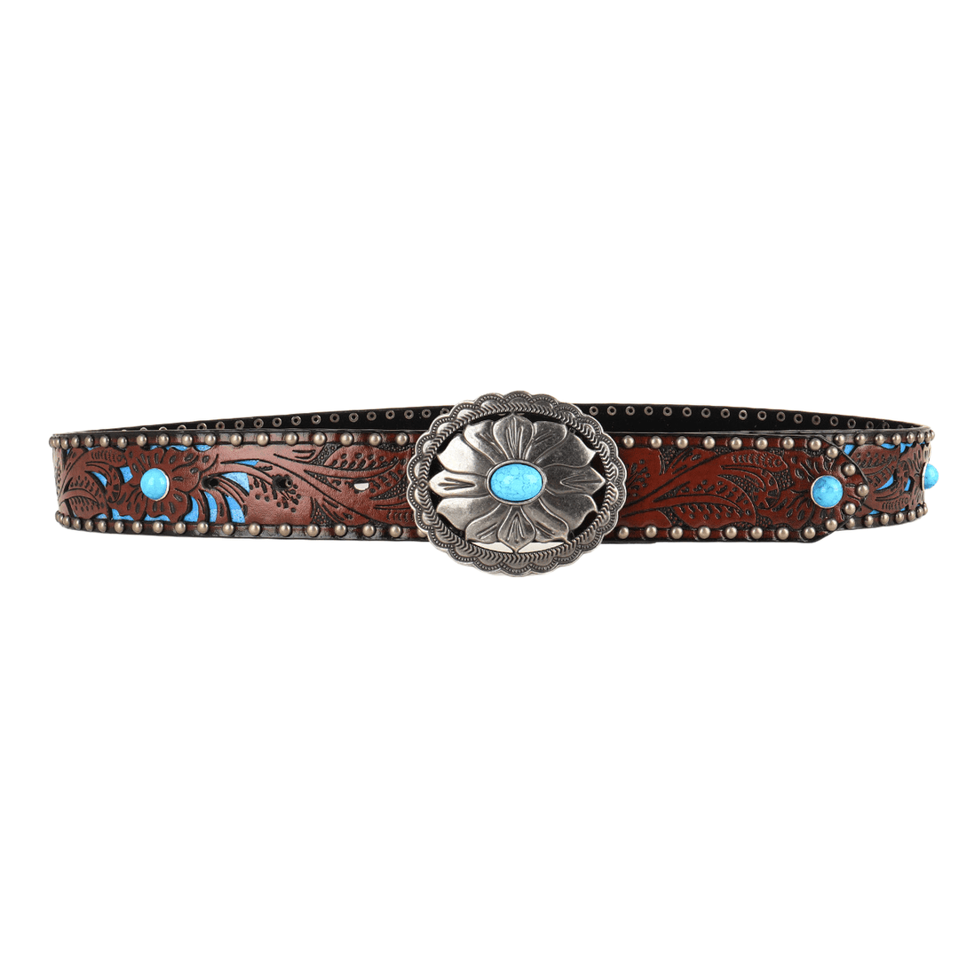 Cintura da donna con rivetti in metallo con fibbia turchese a forma di fiore in argento - image 1