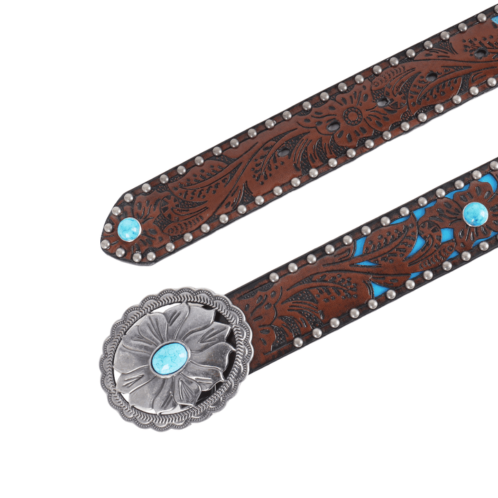 Cintura da donna con rivetti in metallo con fibbia turchese a forma di fiore in argento - image 3