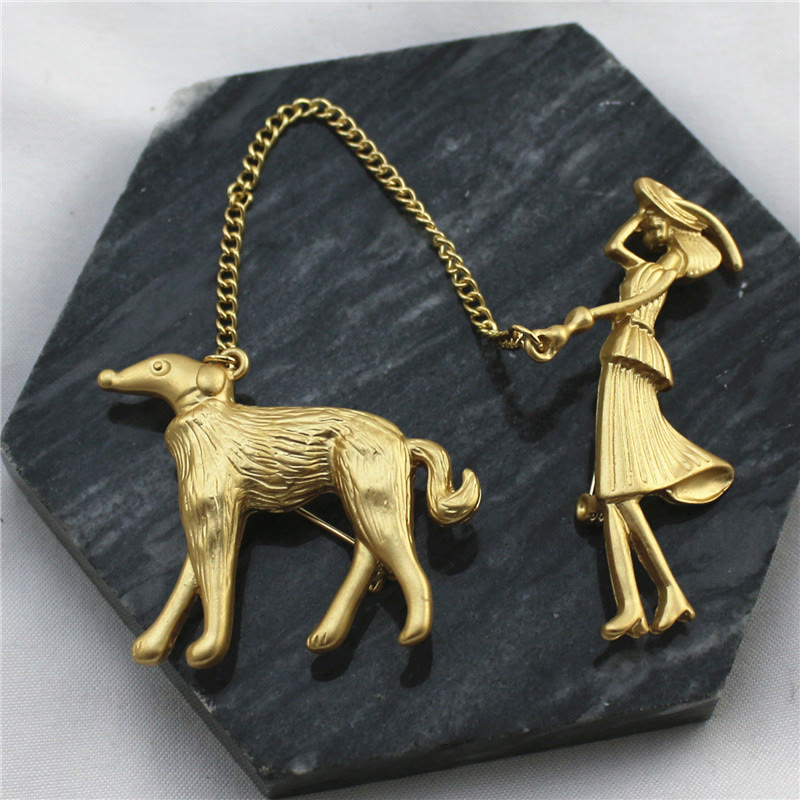 Spilla a catena in oro con dama e cane - D'oro - image 1