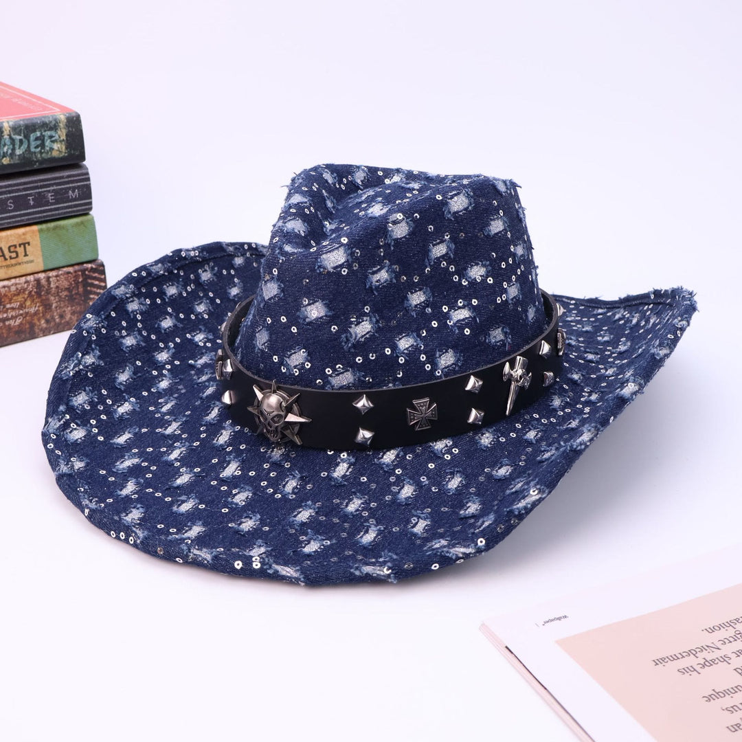 Cappello da cowboy strappato con cintura nera e teschio argentato da uomo - Blu navy - M (22"-22 7/8") - image 5