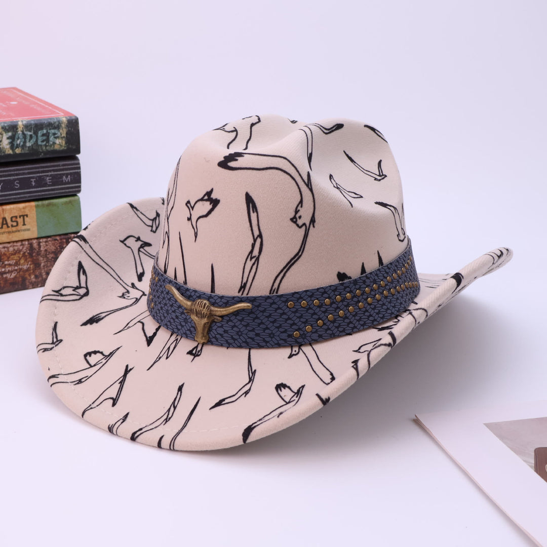 Cappello da cowboy da uomo con cintura in ottone e stampa di uccelli con testa di toro - Beige - M (22"-22 7/8") - image 2