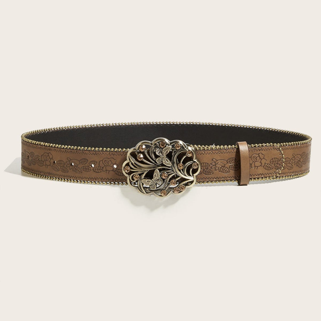 Cintura da donna in metallo con fibbia floreale a forma di farfalla e diamante, marrone goffrato - image 2
