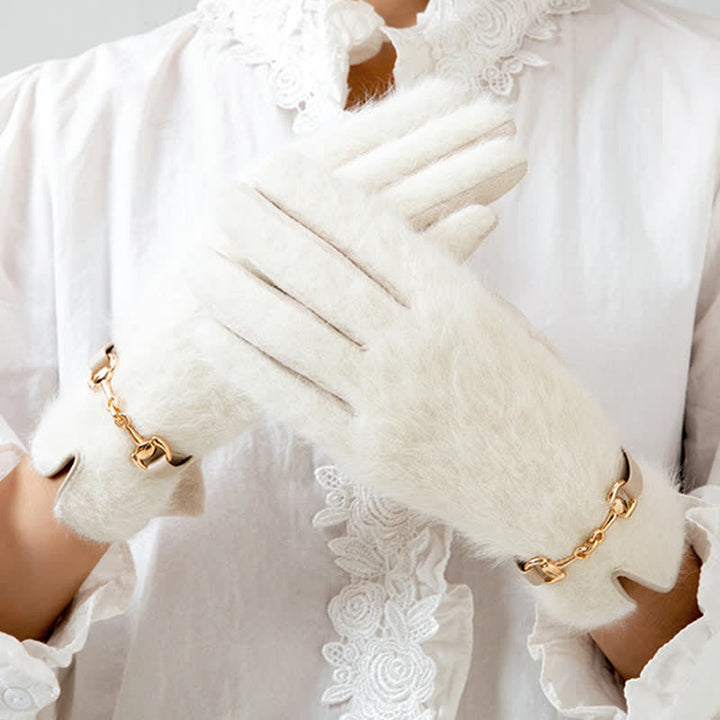 Guanti da donna in pelle scamosciata patchwork con pelliccia di coniglio artificiale - Bianco - image 8