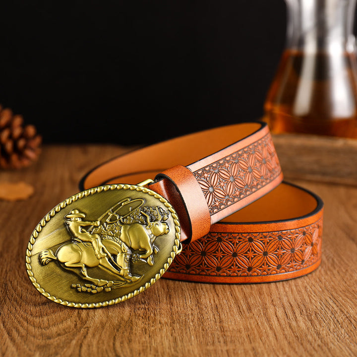 Cintura da uomo in pelle marrone con fibbia per equitazione western - Ottone - 38 - image 0