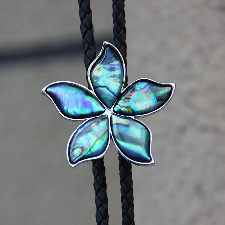 Cravatte di cuoio vintage in metallo con conchiglia di abalone iridescente a forma di fiore - image 3